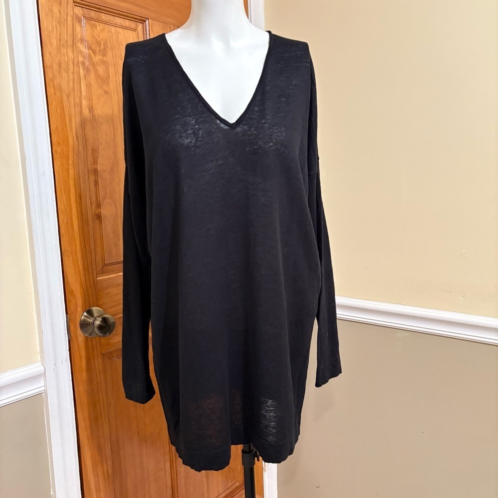 Eileen Fisher Black V-Neck Linen/Cotton Blend Long Sleeve Sweater Sz.PM/PL